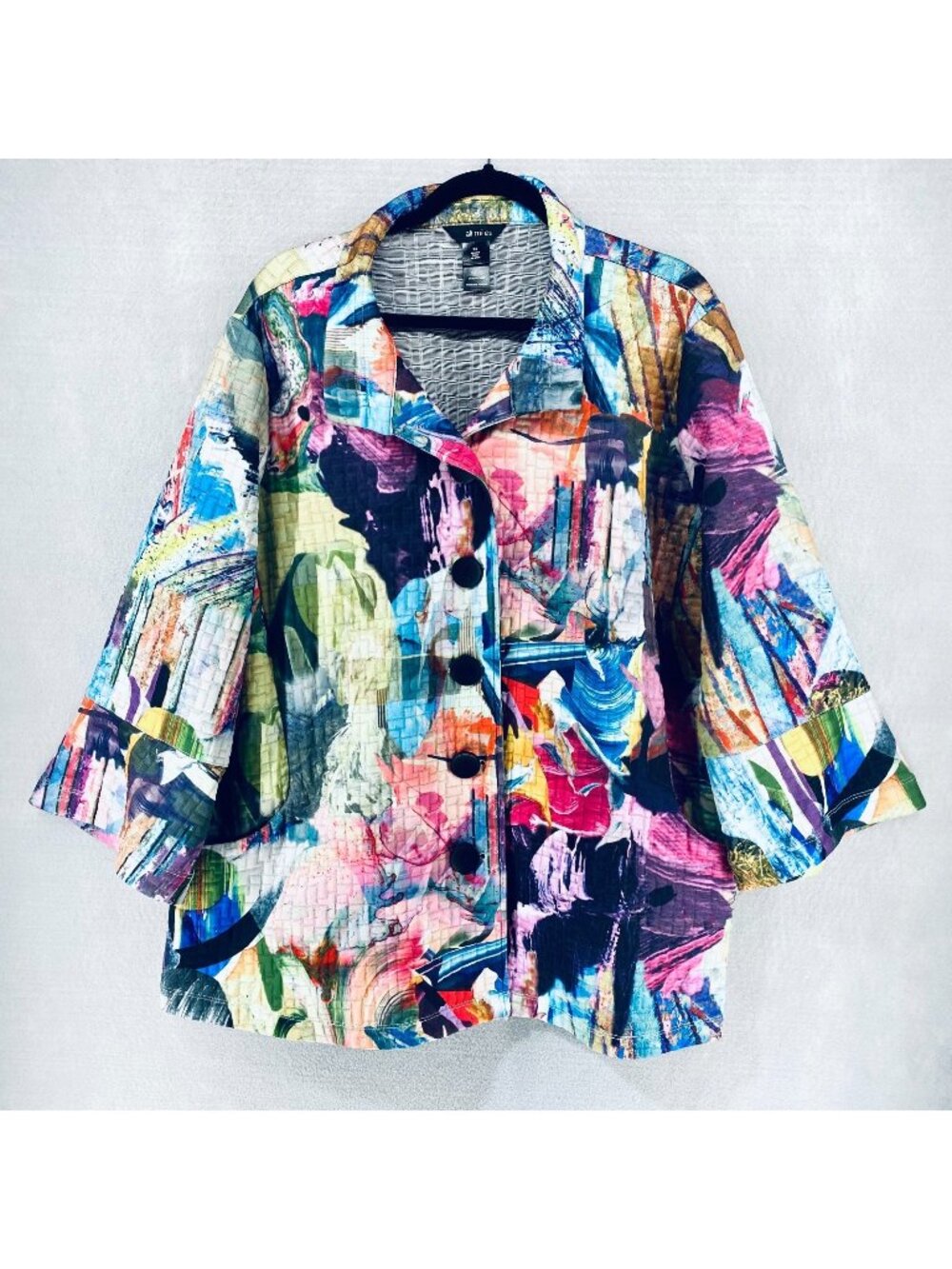 Ali Miles Jacket Womens 2x Multicolor 3/4 Sleeve Button Up Coat Swing Artsy